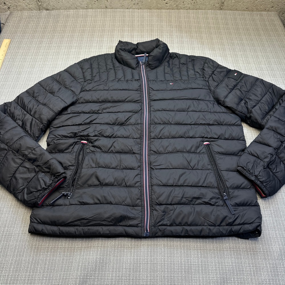 Tommy Hilfiger Packable Puffer Jacket Mens Large Black Quilted Full Zip